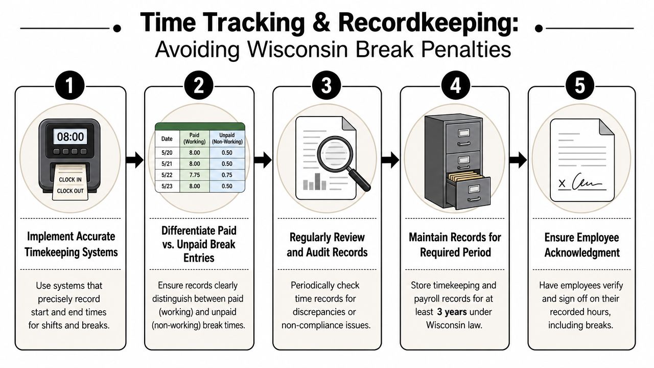 A five-step infographic illustrating best practices for time tracking and recordkeeping to avoid Wisconsin break penalties.