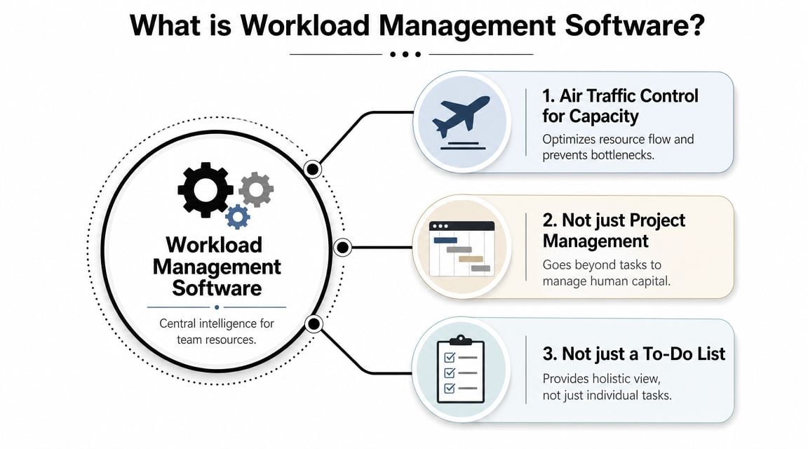 An infographic explaining workload management software as resource optimization, human capital management, and a holistic planning tool.