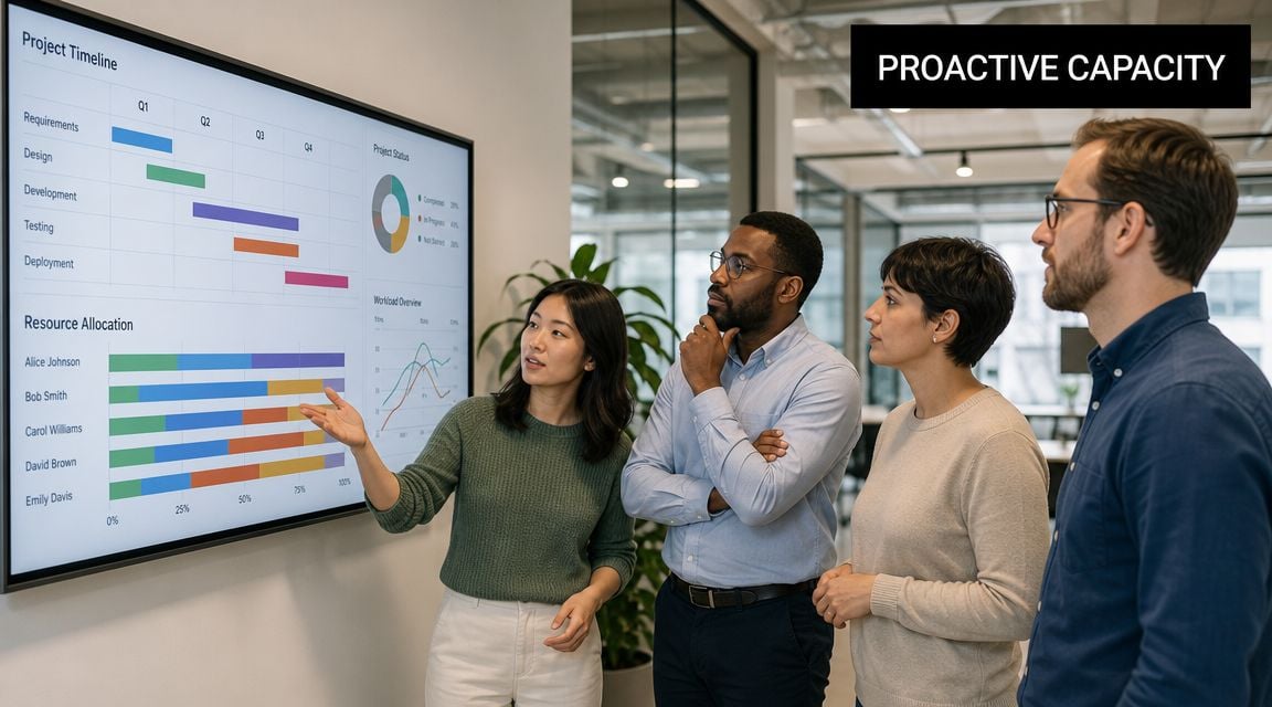 A diverse professional team reviewing project timelines and resource allocation data on a large digital screen.
