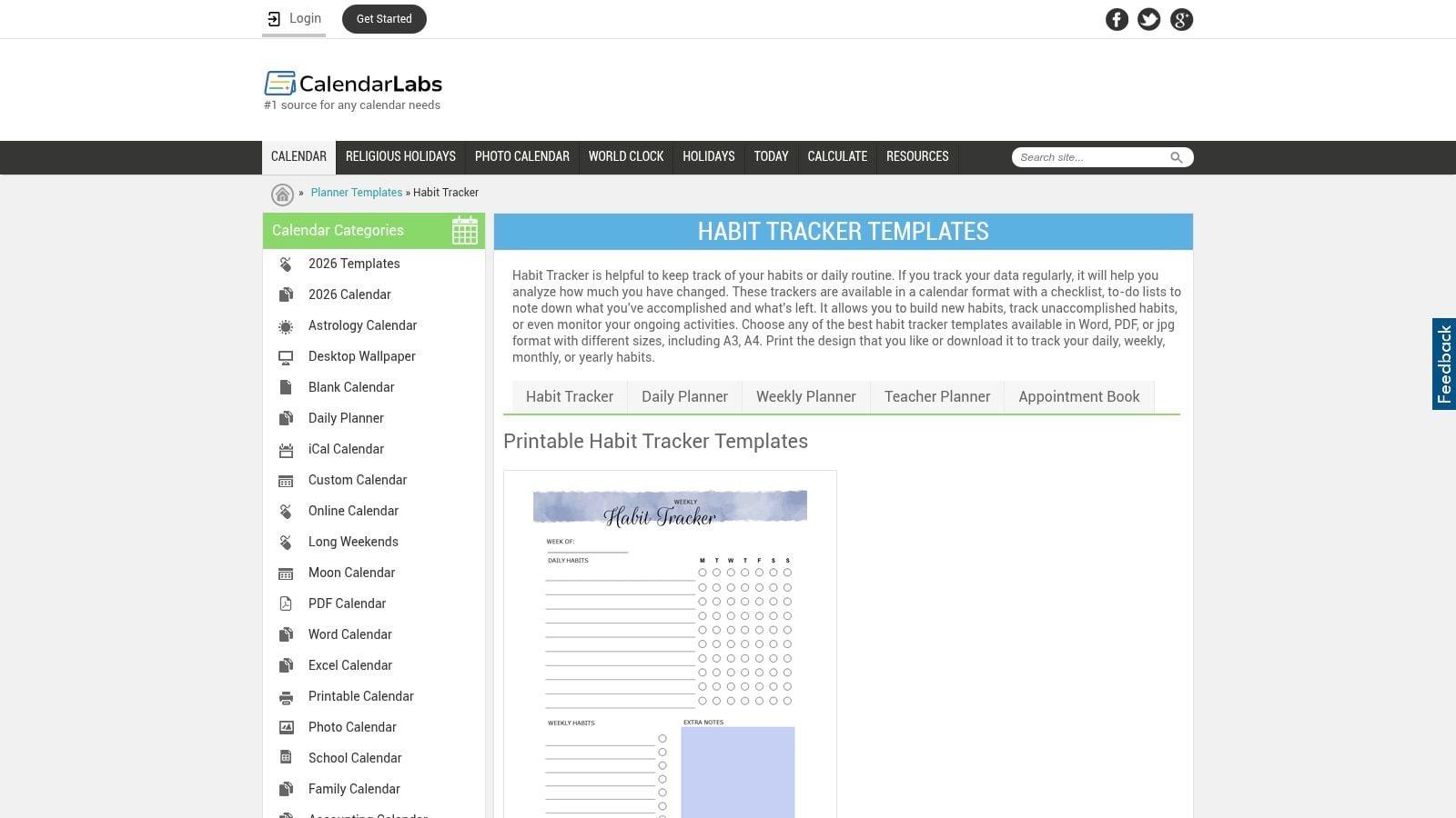 CalendarLabs – Free Printable Habit Tracker Templates