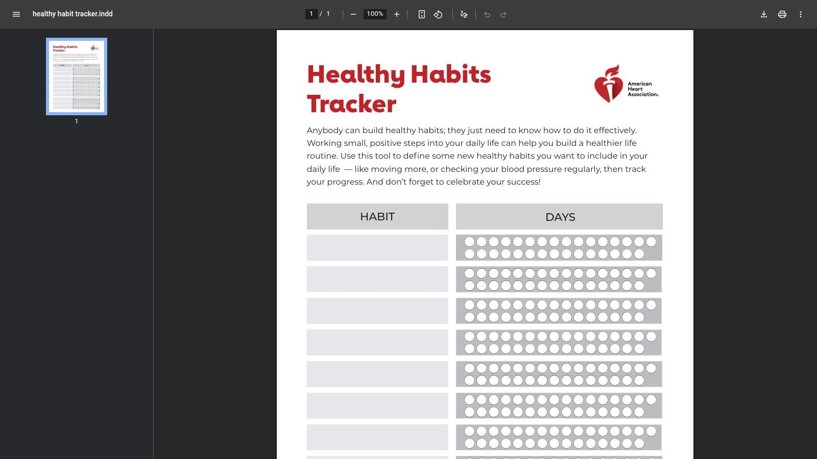 American Heart Association – Healthy Habits Tracker (Printable)
