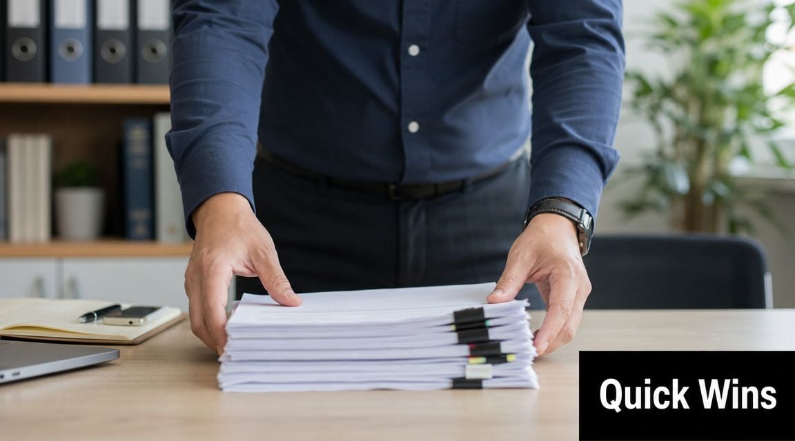 A businessman in a blue shirt standing at a desk organizing a large stack of papers.