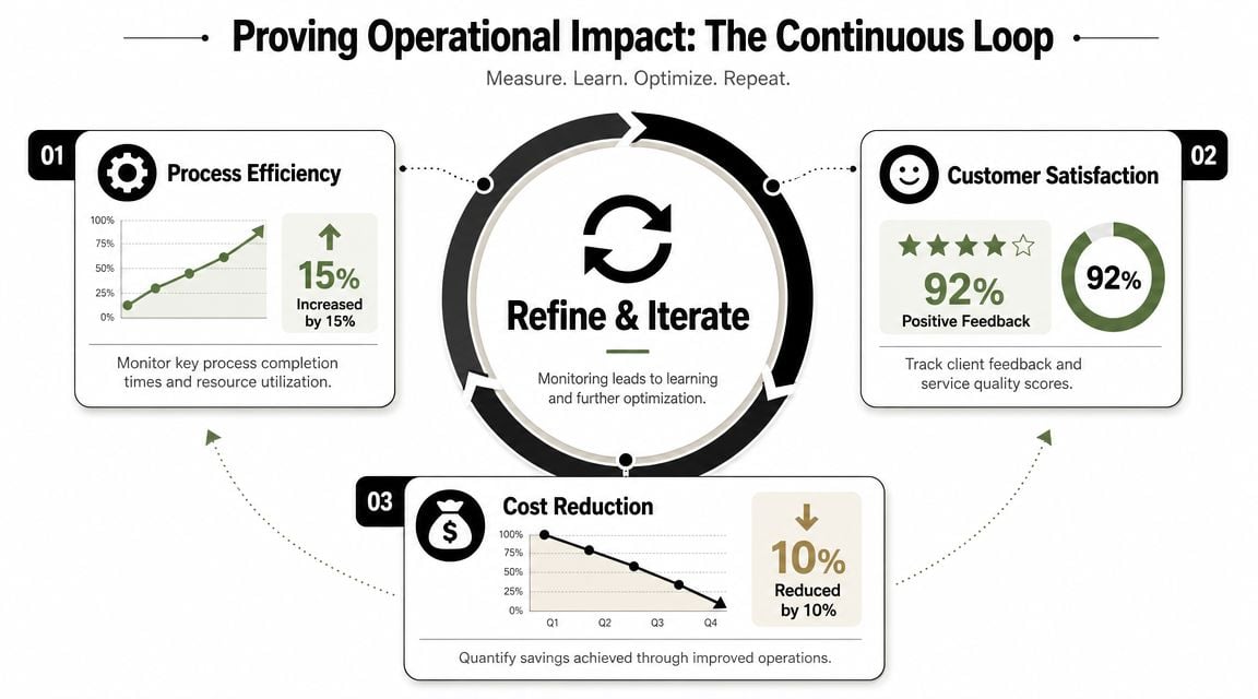 A diagram illustrating a continuous loop for operational improvement showing process efficiency, customer satisfaction, and cost reduction.