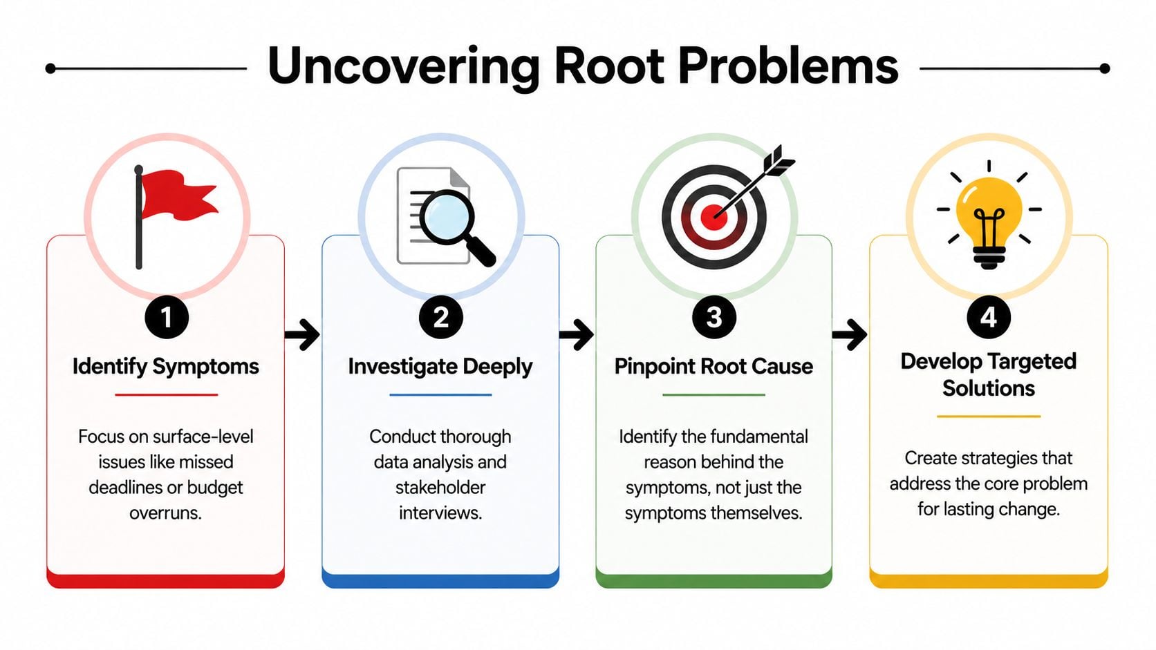 A four-step infographic illustrating a business process for uncovering root problems to improve operational efficiency.