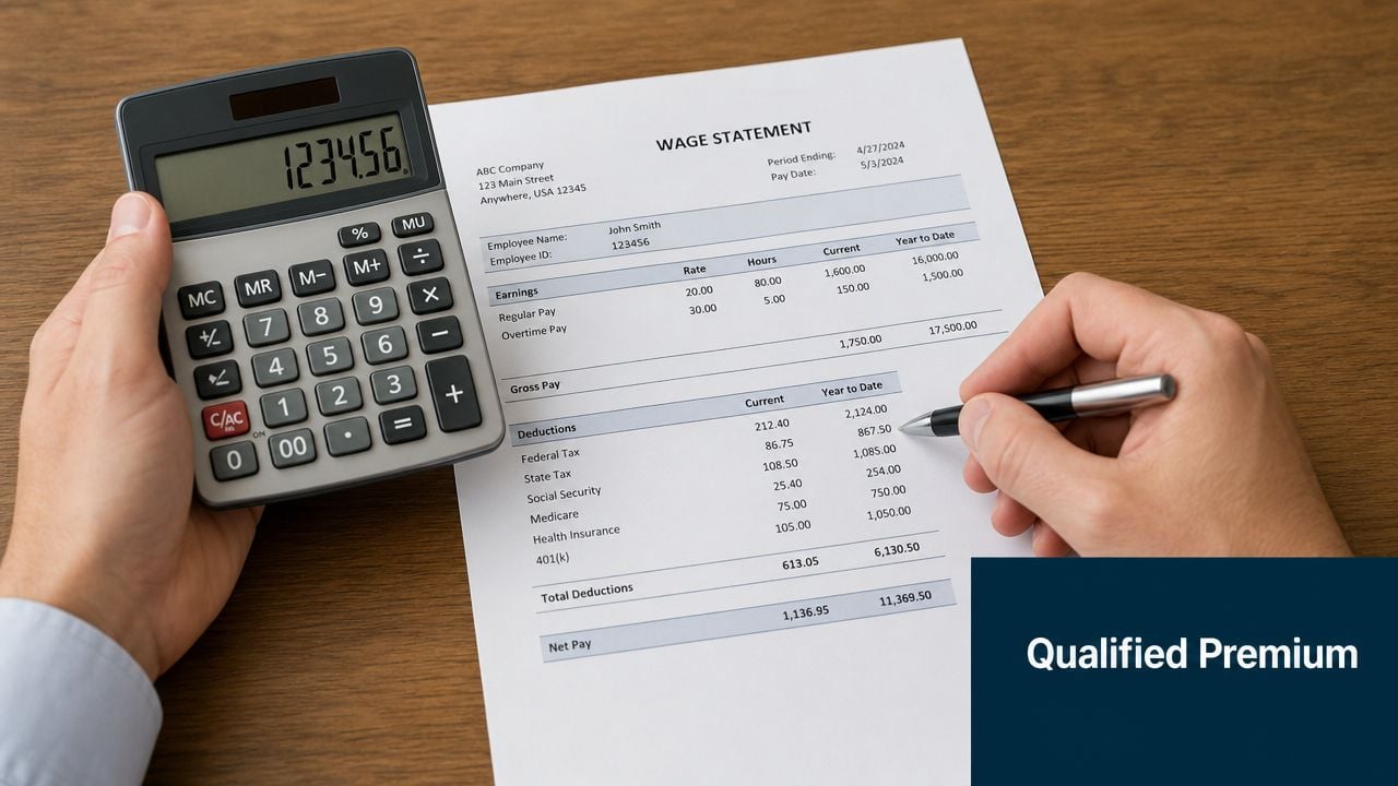 A person calculates payroll earnings and tax deductions on a wage statement using a calculator and pen.