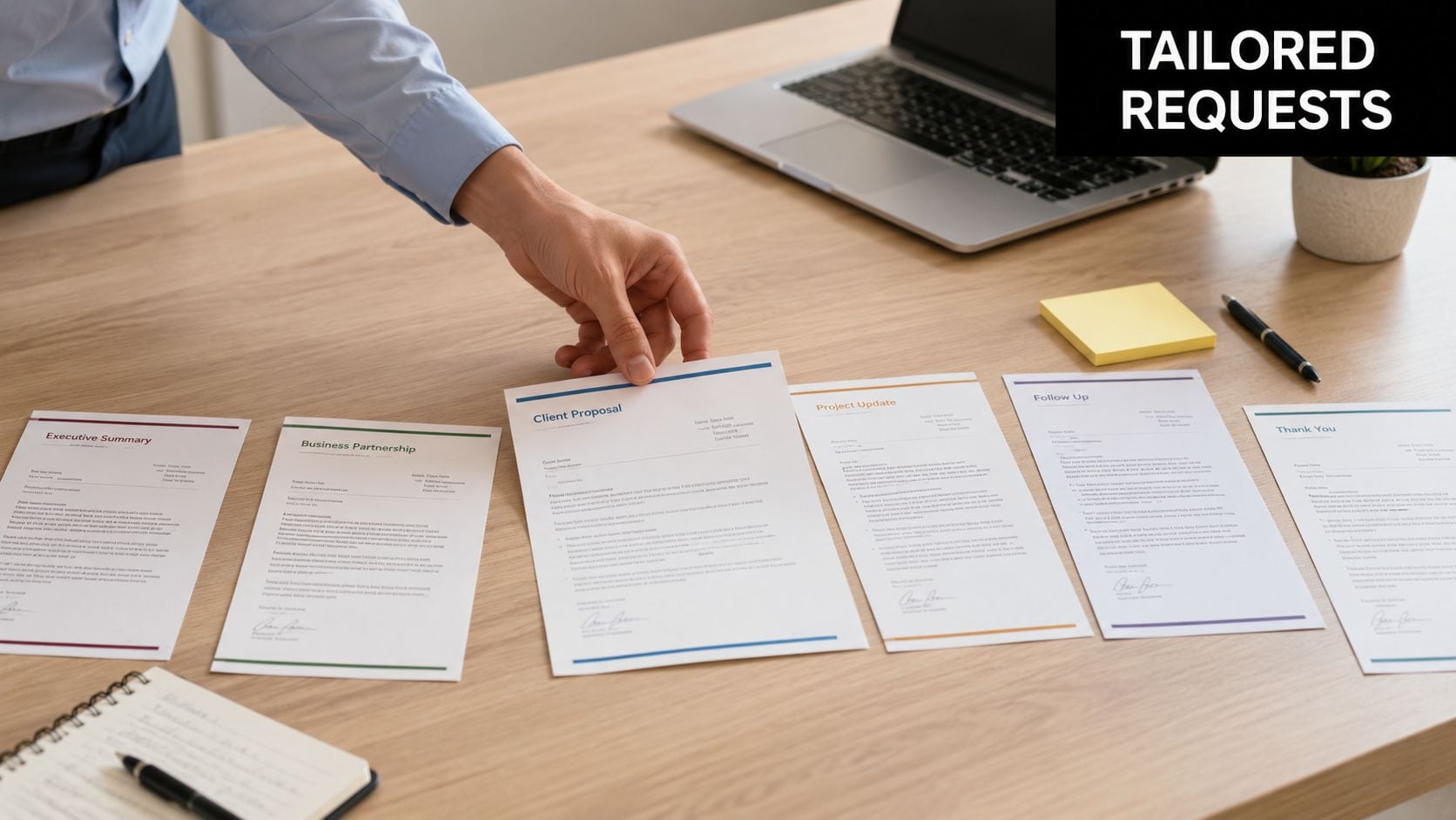 A person arranging multiple professional business proposal documents on a wooden office desk next to a laptop.