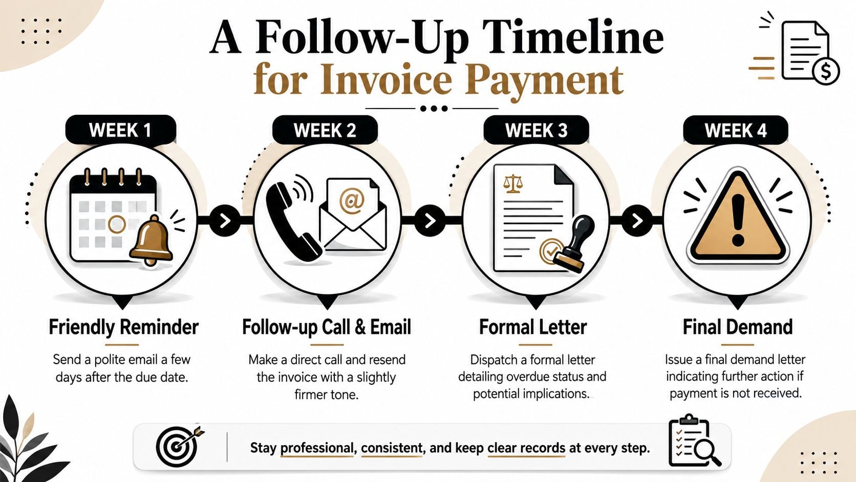 A four-week professional timeline infographic detailing steps for following up on unpaid invoice payments.