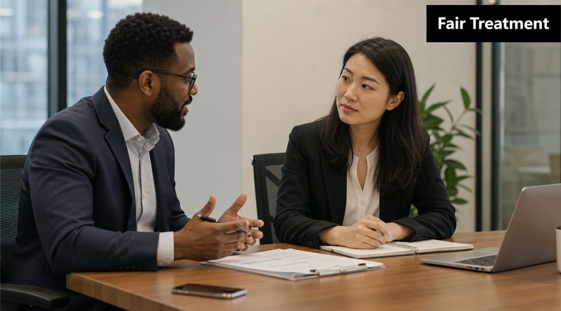 A professional man and woman having a serious business meeting at a wooden desk in an office.
