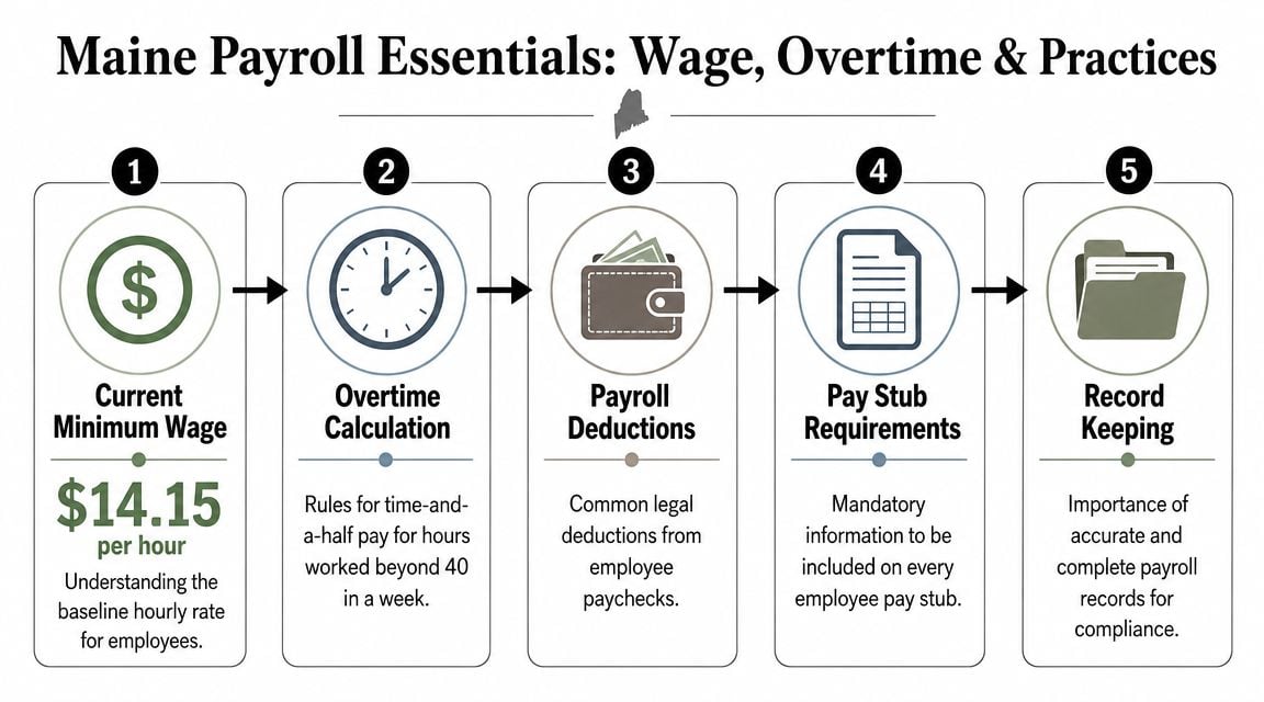 A flowchart infographic titled Maine Payroll Essentials detailing wage, overtime, deductions, pay stubs, and record keeping.