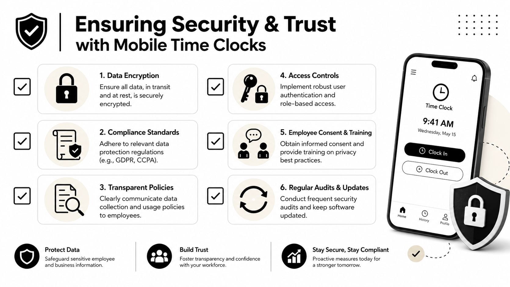 An infographic detailing six essential strategies for maintaining security and trust when using mobile time clock apps.