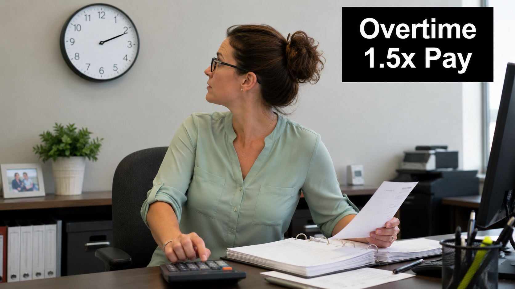 A professional woman working at her desk while checking the office wall clock for overtime pay.