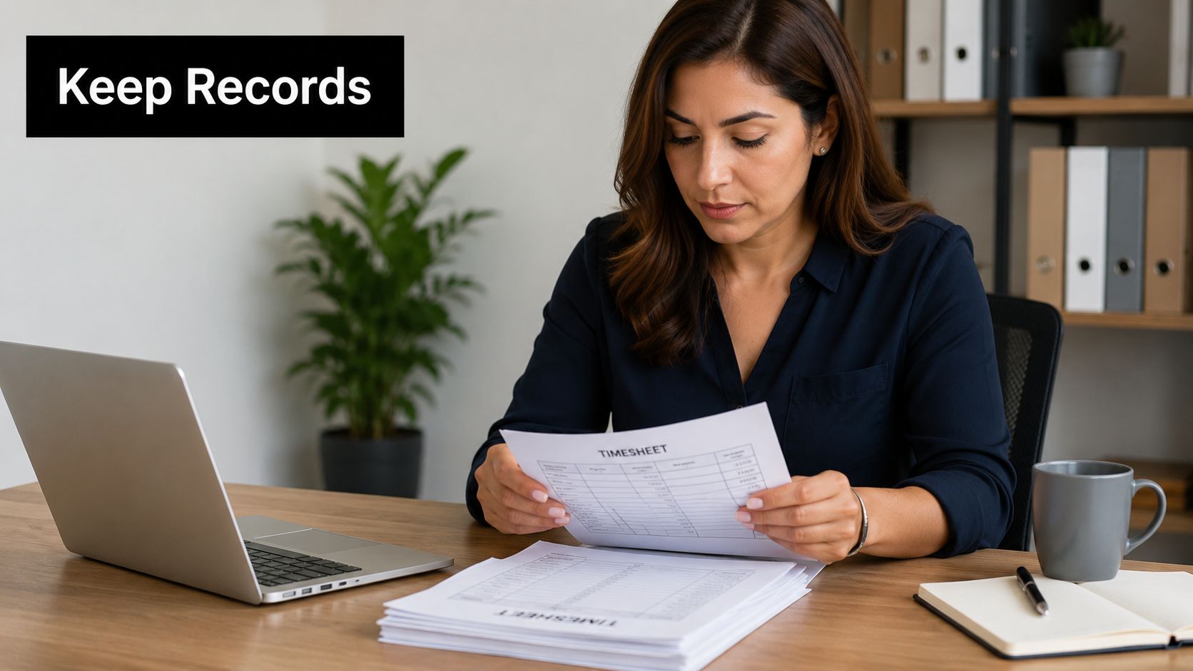 A professional woman sitting at a desk and reviewing timesheet documentation while working in an office.