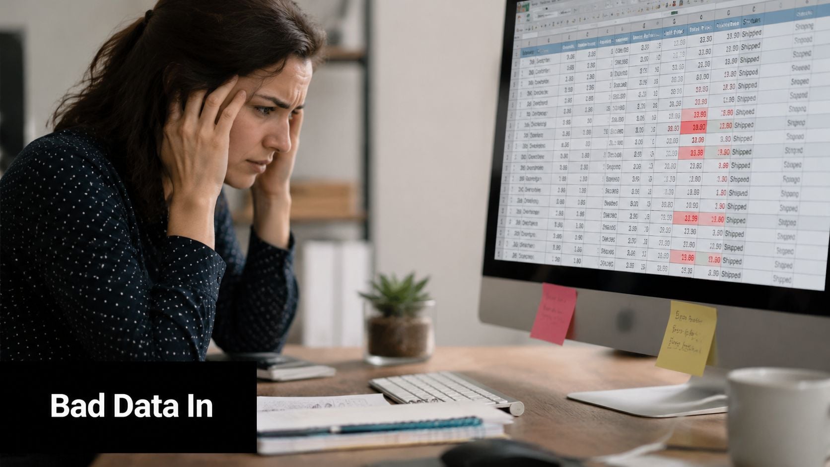 A stressed woman looking at a computer screen displaying a complex data table in an office.