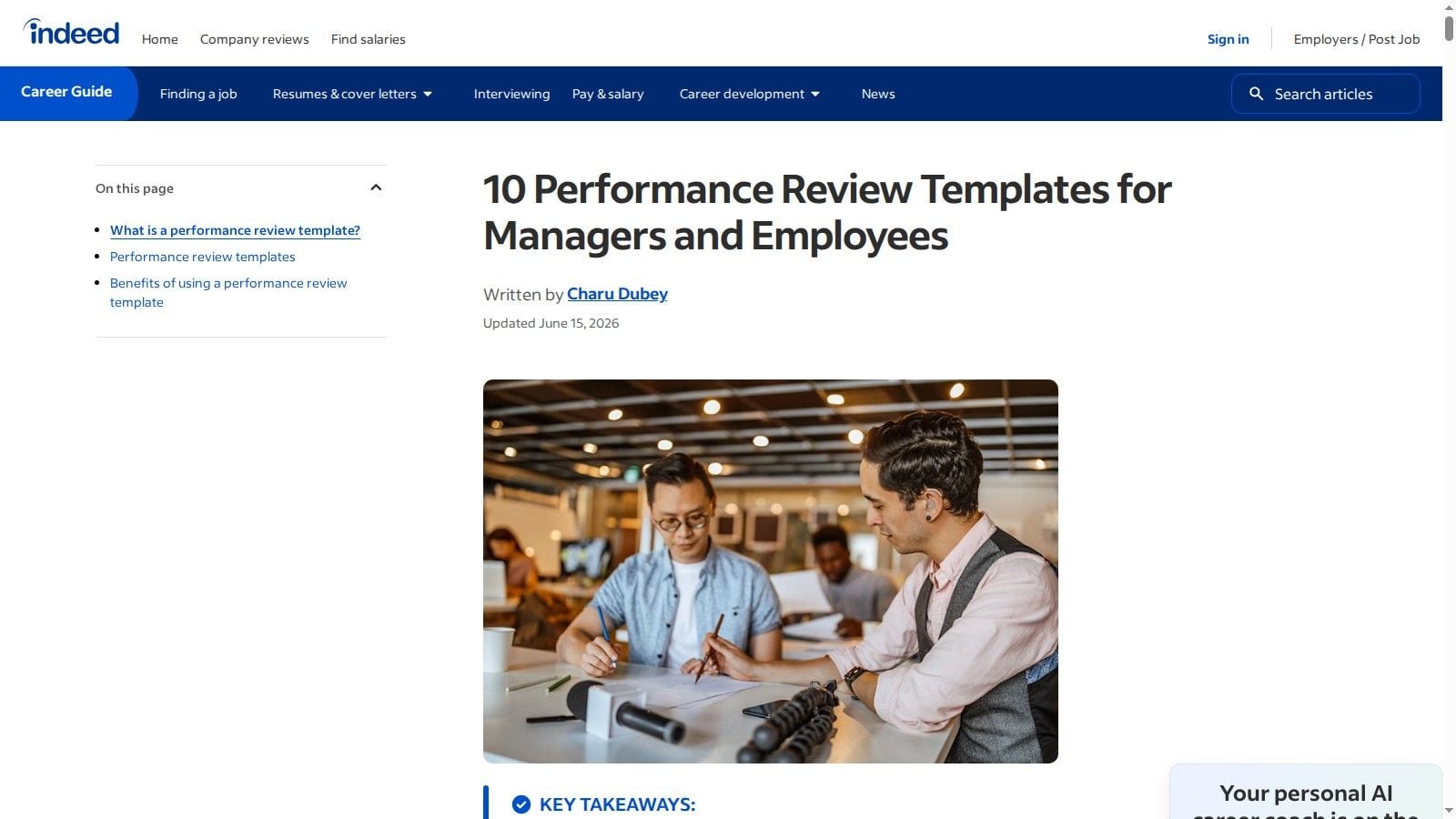 Indeed, Performance Review Templates (including 90‑Day)