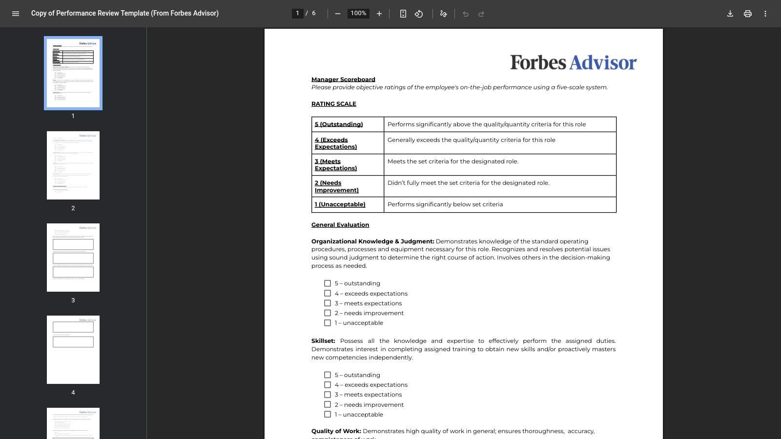 Forbes Advisor, Free Performance Review Template (PDF)
