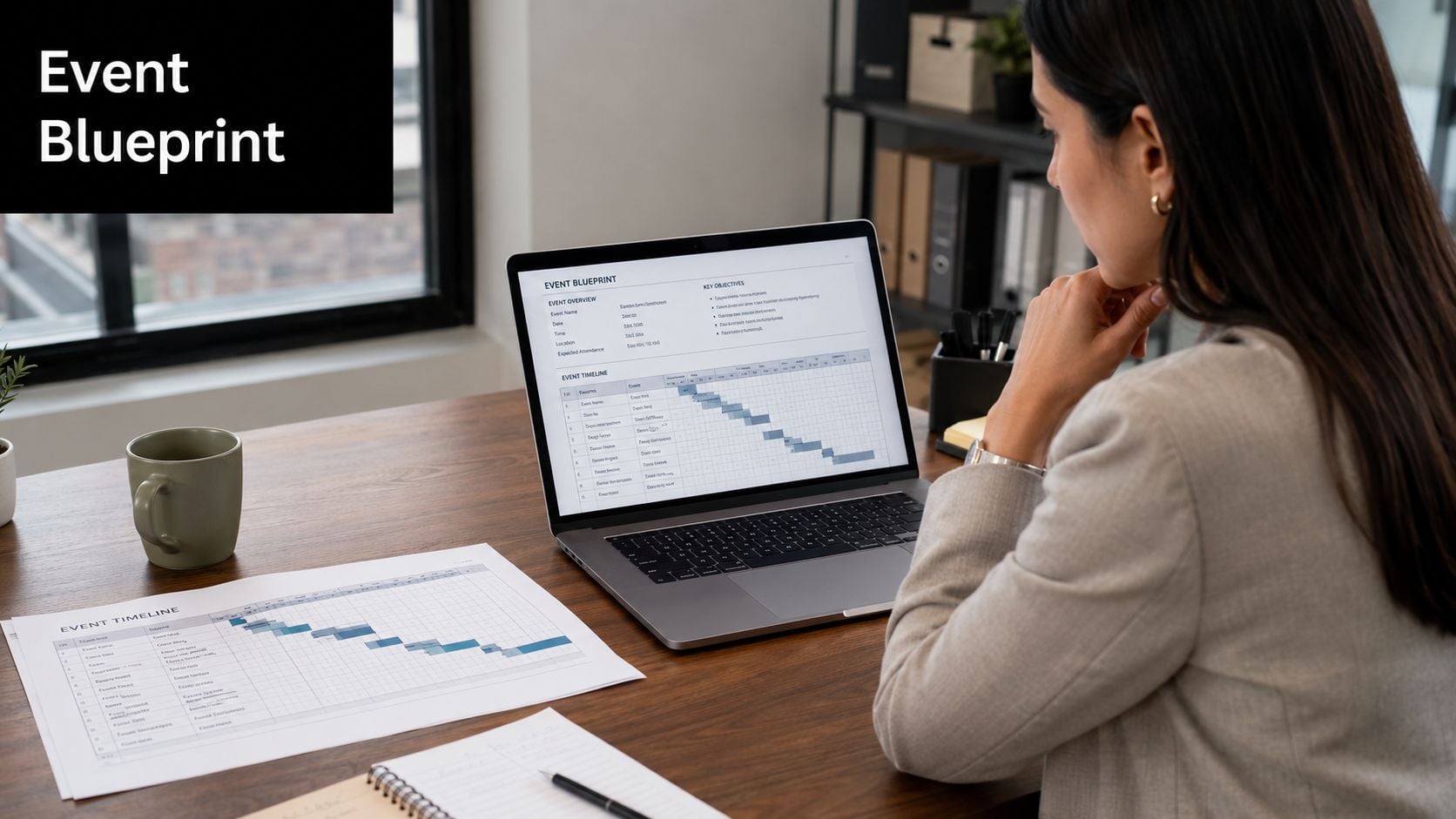 A professional woman reviews an event planning timeline on a laptop while working at her desk.