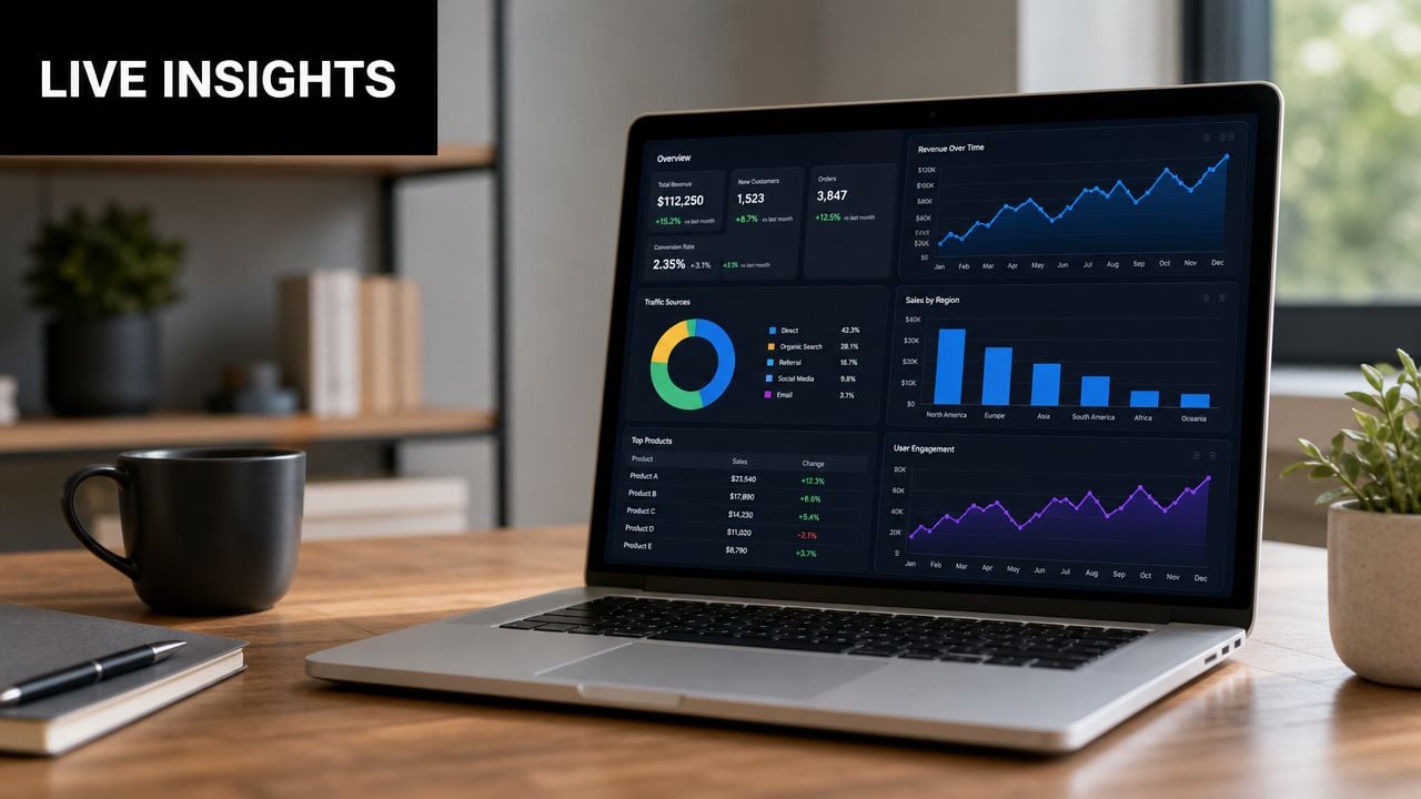 A modern laptop on a wooden desk displaying a business dashboard with analytics charts and performance metrics.