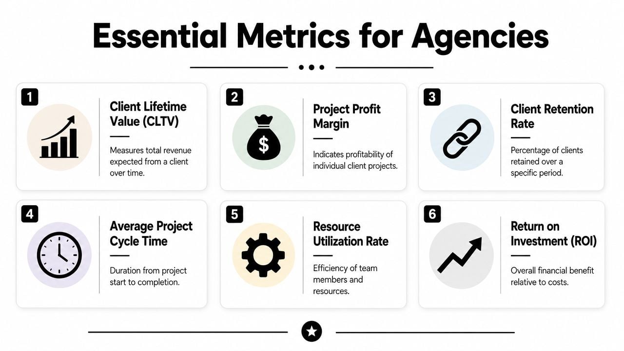 An infographic titled Essential Metrics for Agencies displaying six key performance indicators for business management.