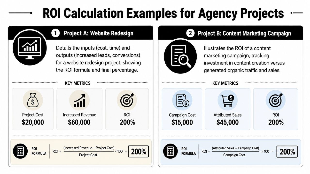 An infographic showing two ROI calculation examples for agency projects including website redesign and content marketing.