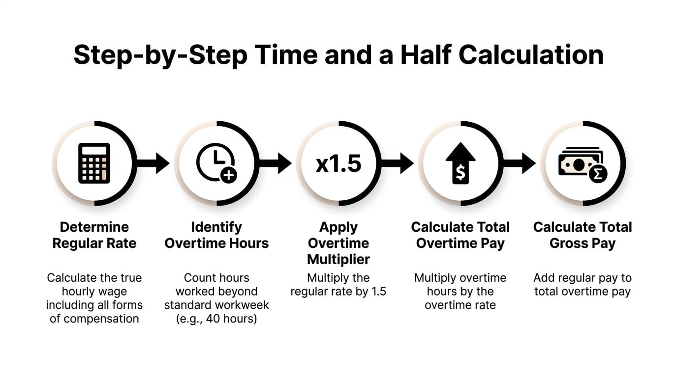 A flowchart showing the step-by-step process of calculating time and a half overtime pay for employees.