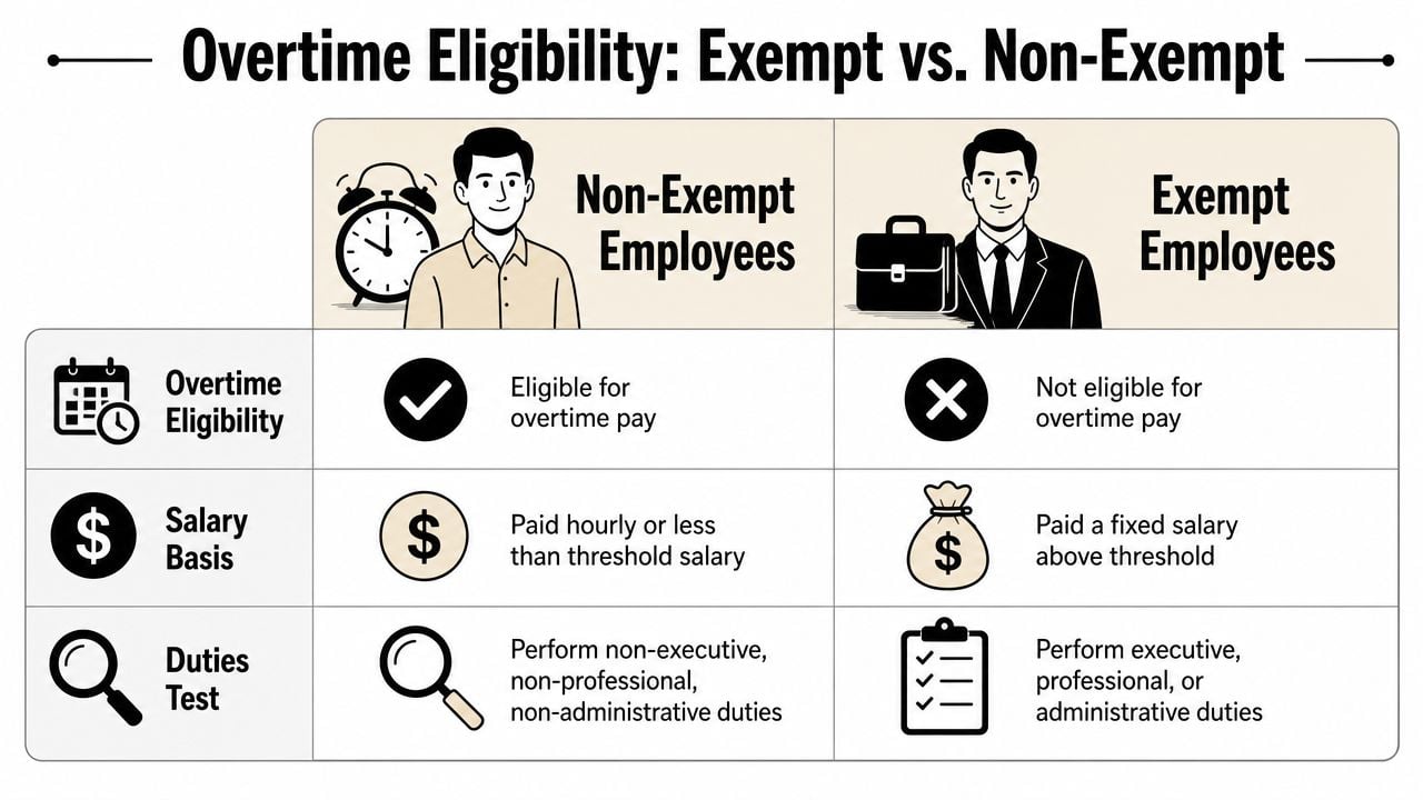 A comparison chart explaining the differences between exempt and non-exempt employees regarding overtime pay and job duties.