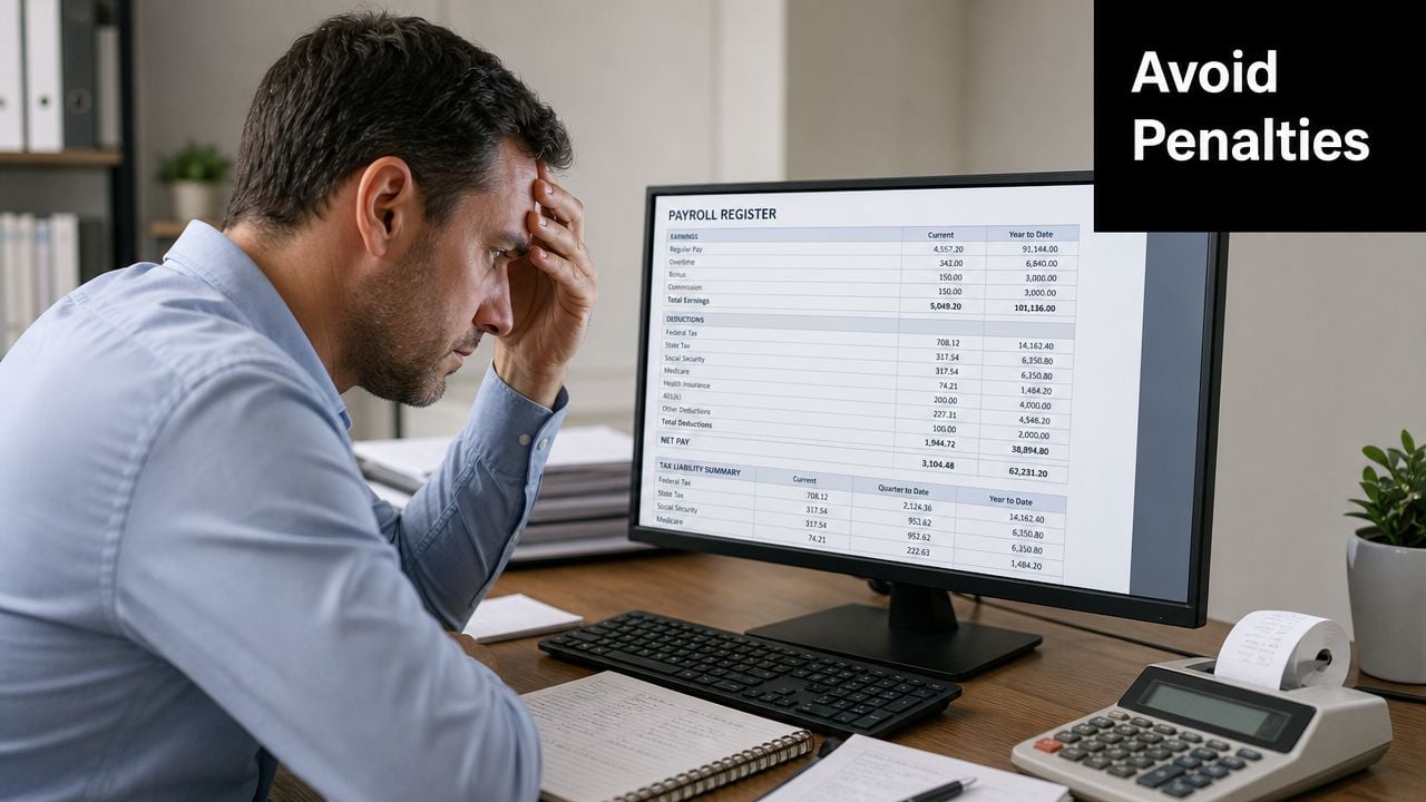 A stressed man reviews payroll records on a computer screen while sitting at his office desk.