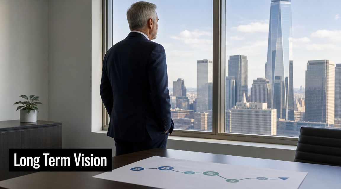 A businessman in a suit looks out of a window at a city skyline with a vision roadmap