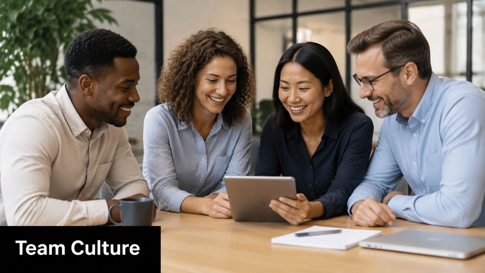 A diverse team of four colleagues smiling and collaborating while viewing a digital tablet in an office.