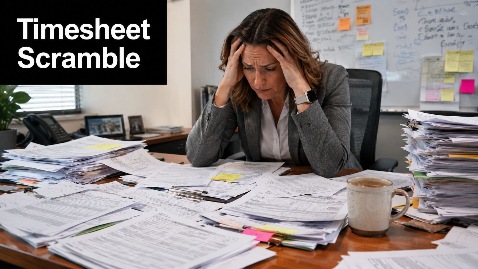 A stressed office worker sitting at a desk overwhelmed by a large pile of paper documents.