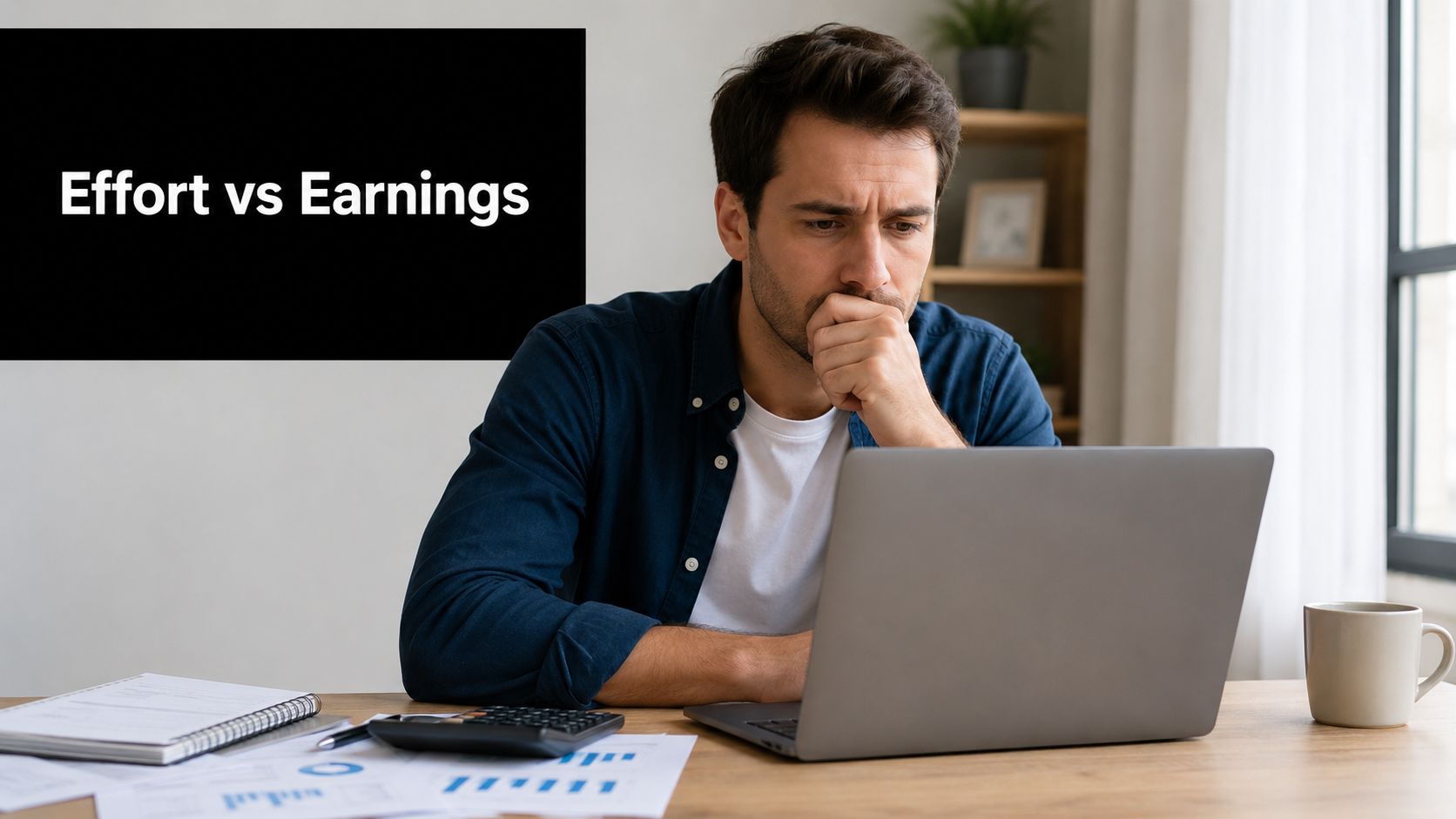 A focused man sitting at a desk while looking at a laptop and considering his financial earnings.