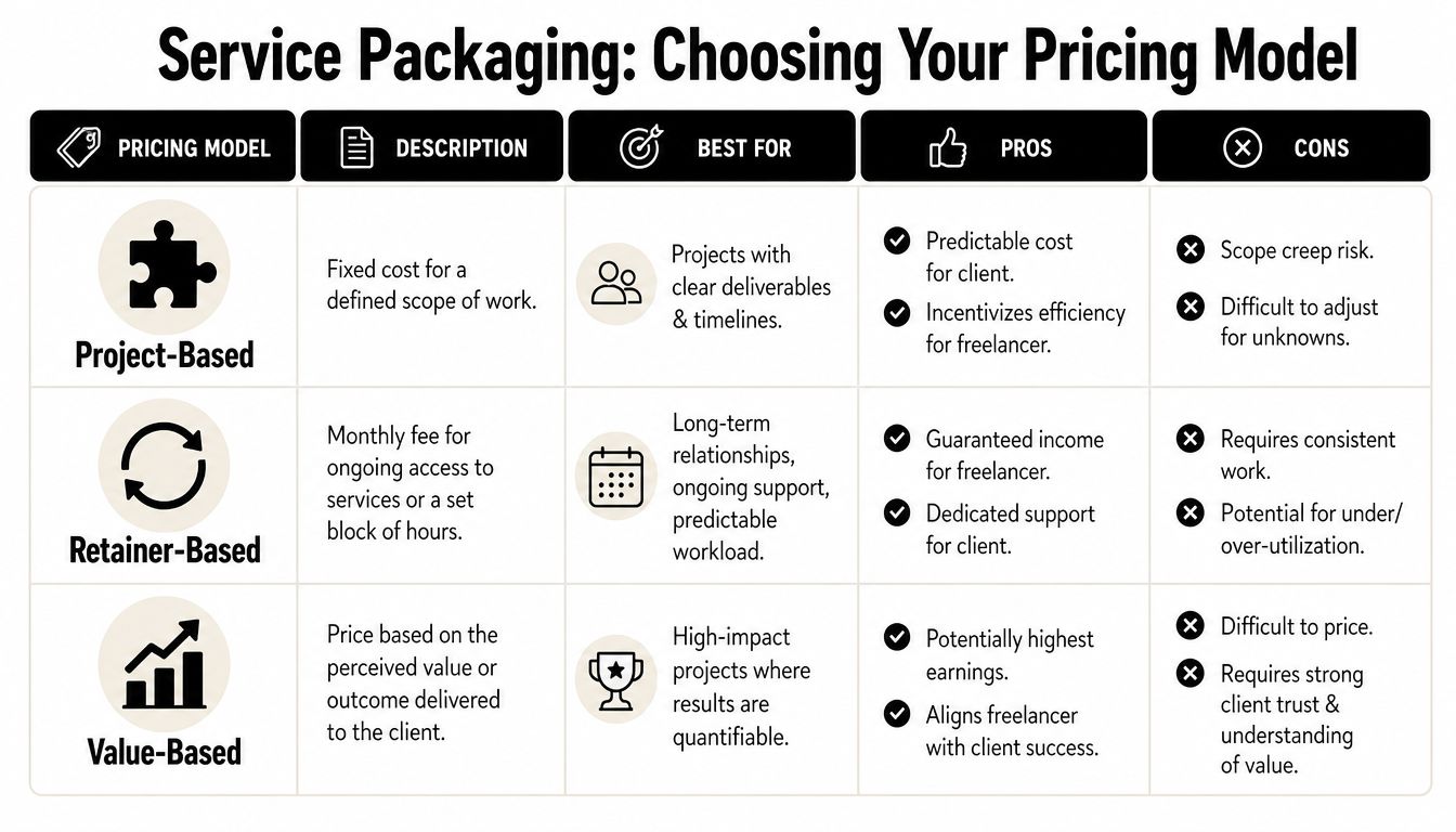 A chart comparing project-based, retainer-based, and value-based pricing models for freelance service packaging.