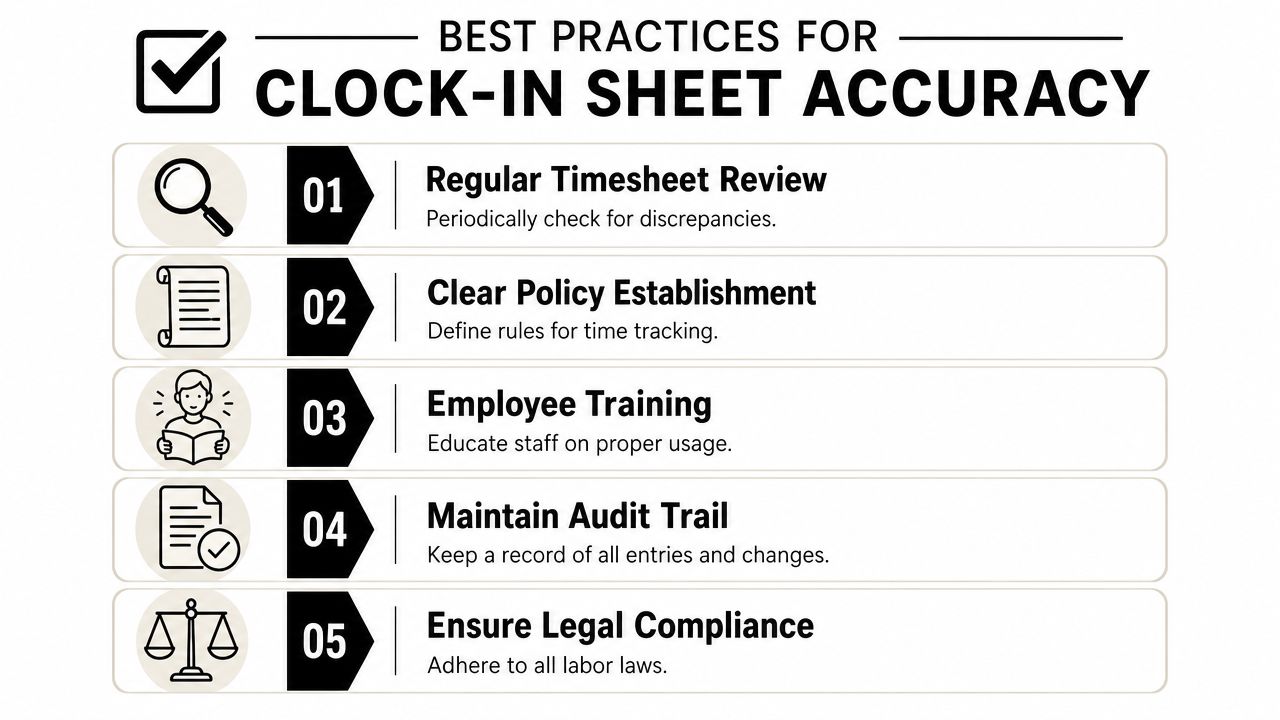 A list of five best practices for ensuring clock-in sheet accuracy, including regular reviews and training.