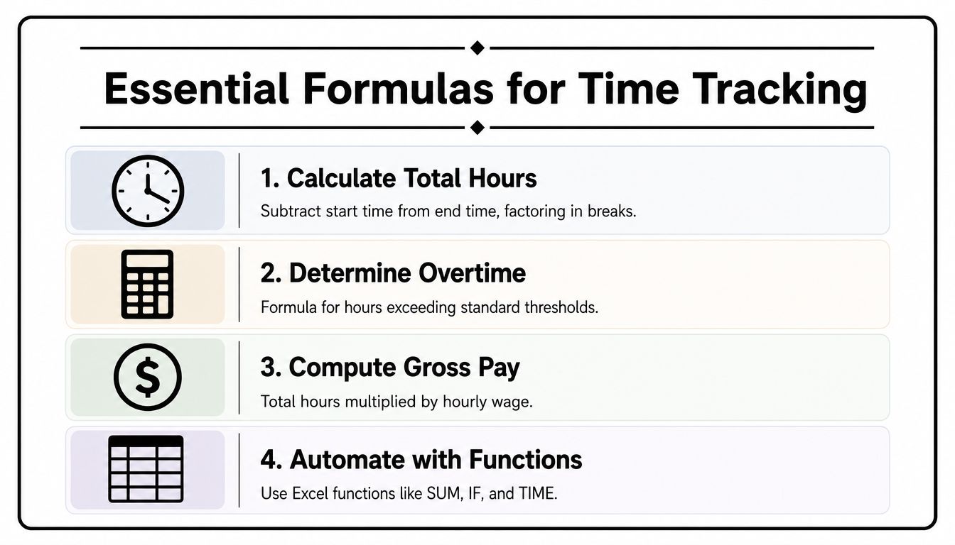 A diagram titled Essential Formulas for Time Tracking, listing four steps for managing work hours in Excel.