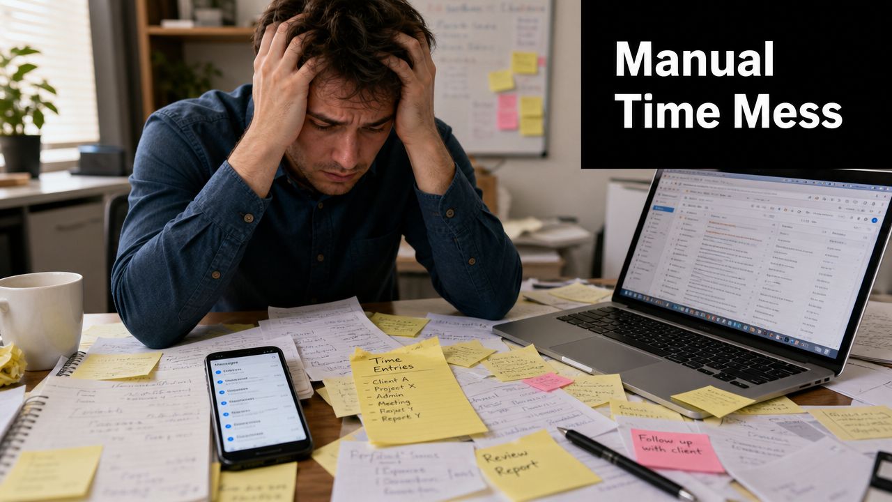 A stressed man working at a desk cluttered with notes and a laptop showing time tracking.