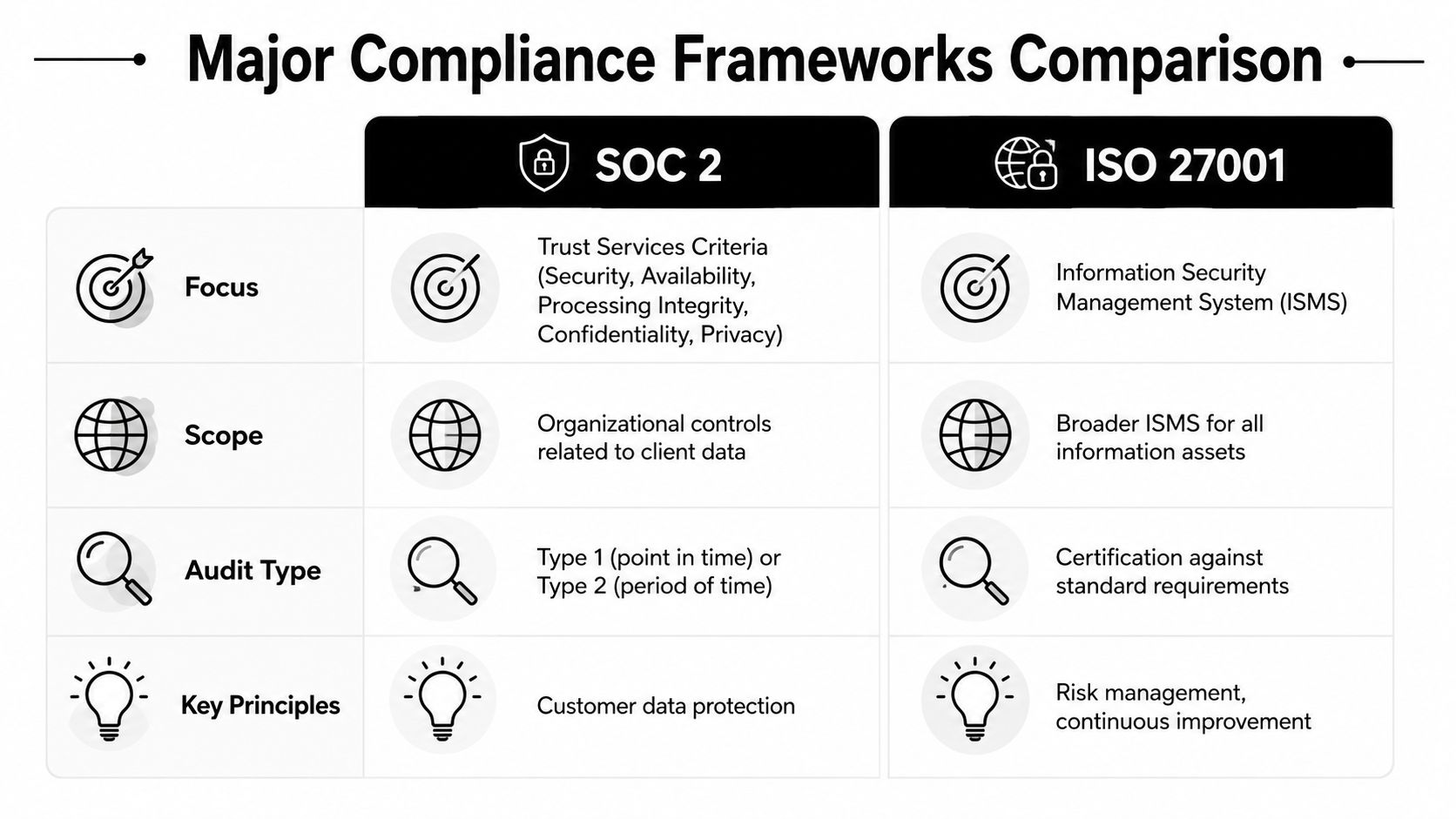 A comparison table outlining key differences between SOC 2 and ISO 27001 compliance frameworks for data security.