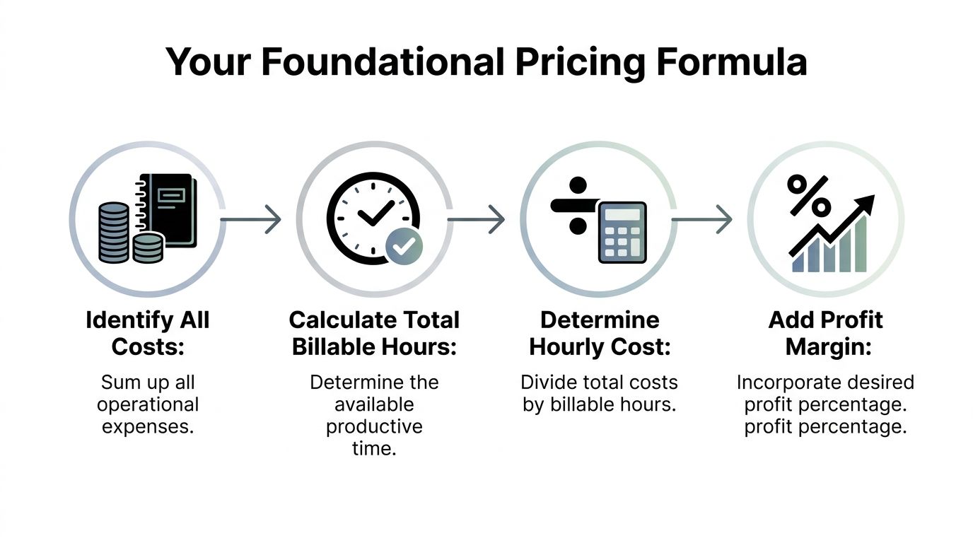 A four-step graphic showing the foundational pricing formula for calculating business rates and profit margins.