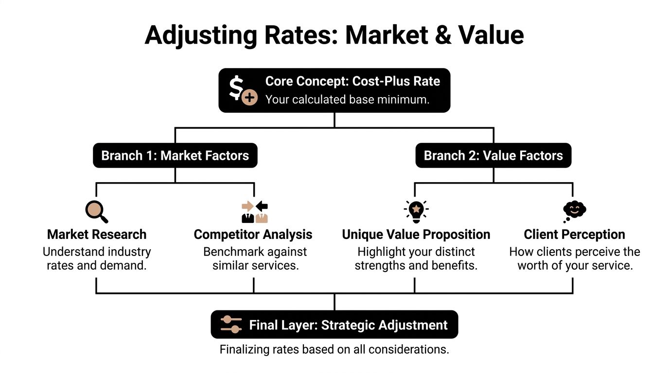 A flowchart titled Adjusting Rates: Market & Value showing the process of setting service rates using market and value factors.