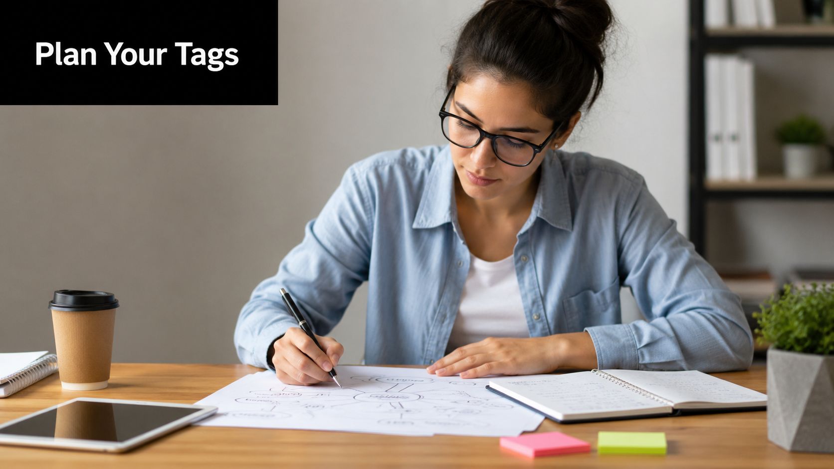A focused woman wearing glasses planning her tags while writing on a paper mind map at a desk.