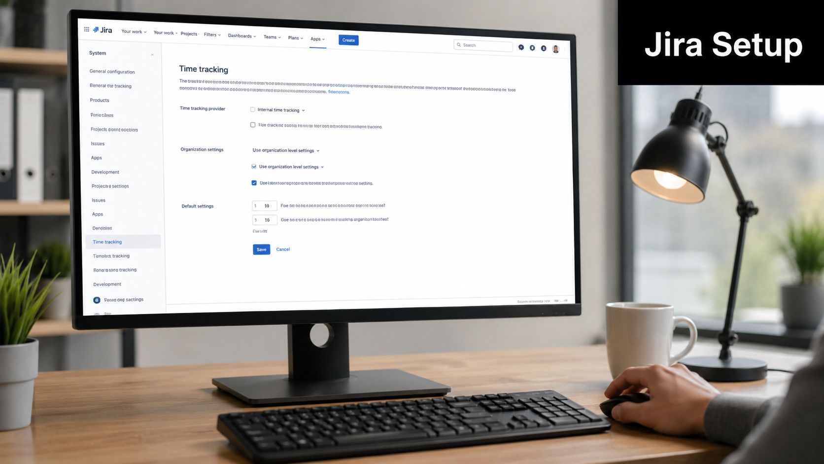 A computer monitor displaying the Jira time tracking configuration screen on an office desk with a lamp.