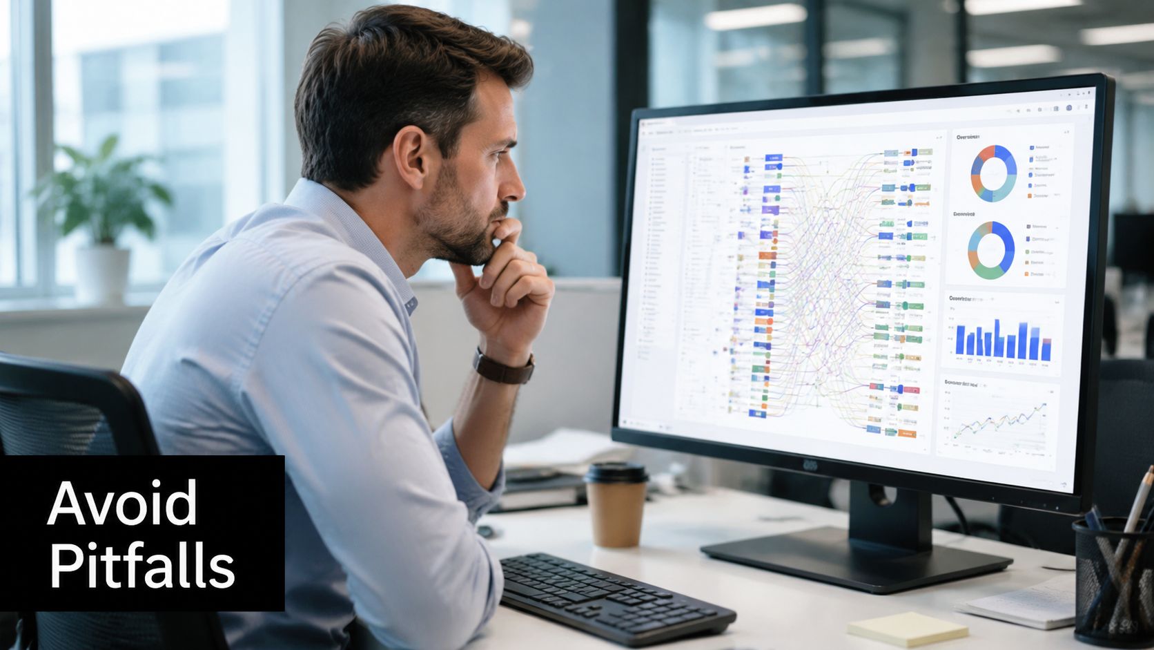 A professional man sits at a desk while analyzing complex data visualizations on a computer monitor.