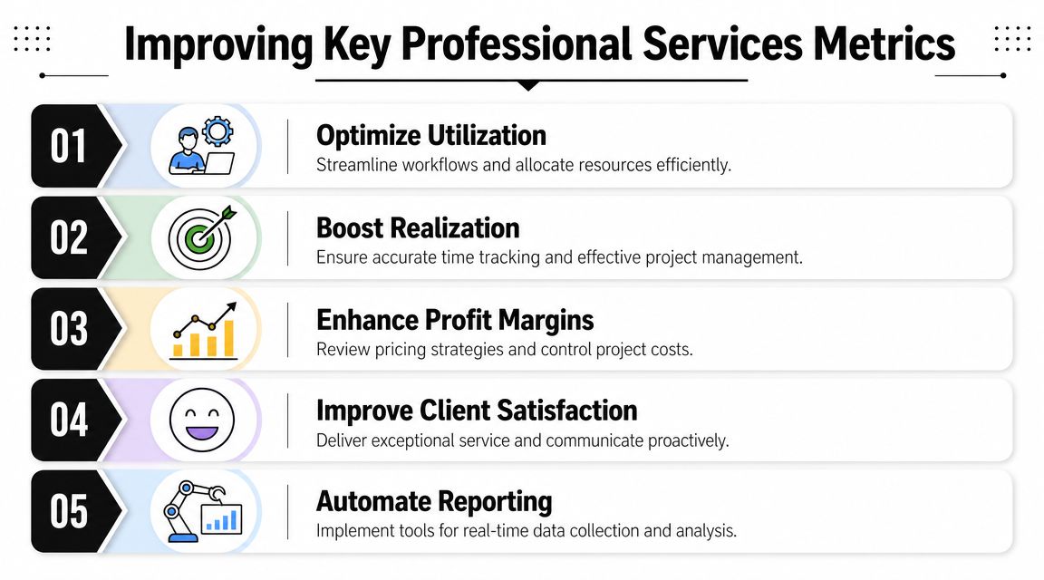 An infographic detailing five key strategies to improve professional services metrics, presented in a numbered list.