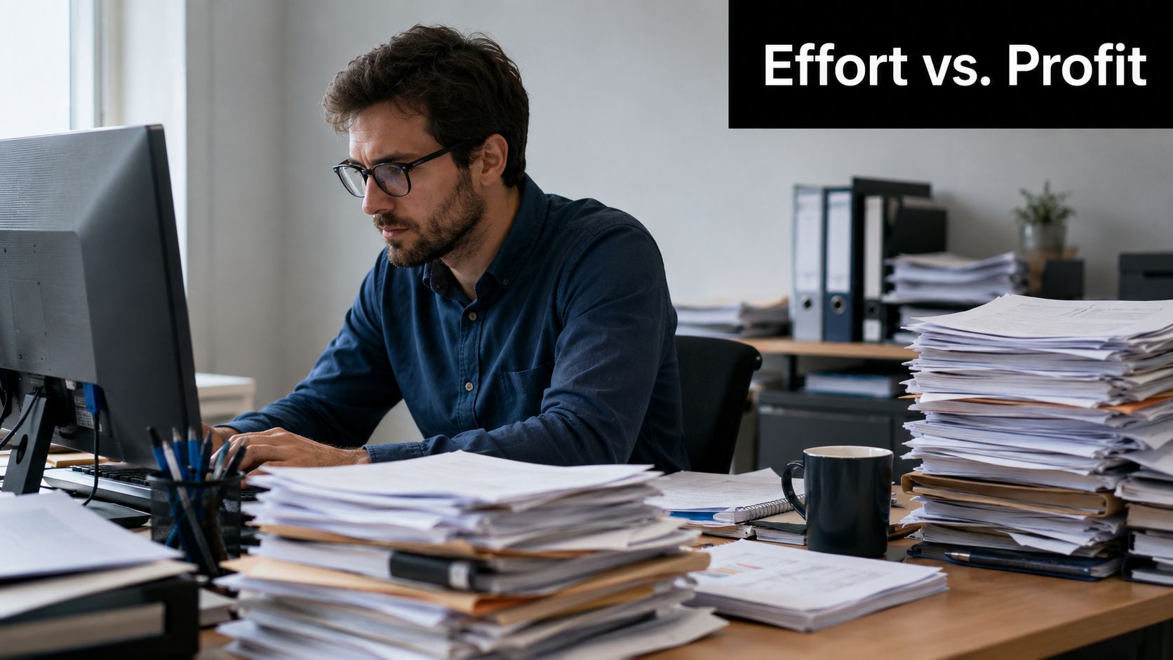 A focused man wearing glasses works at a computer desk surrounded by large piles of paper documents.