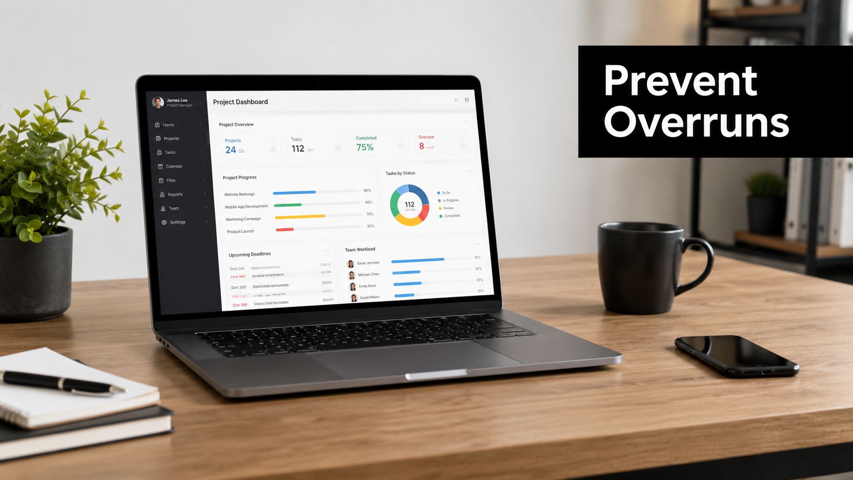 A professional laptop on a wooden desk displaying a project management dashboard for tracking tasks and workflows.