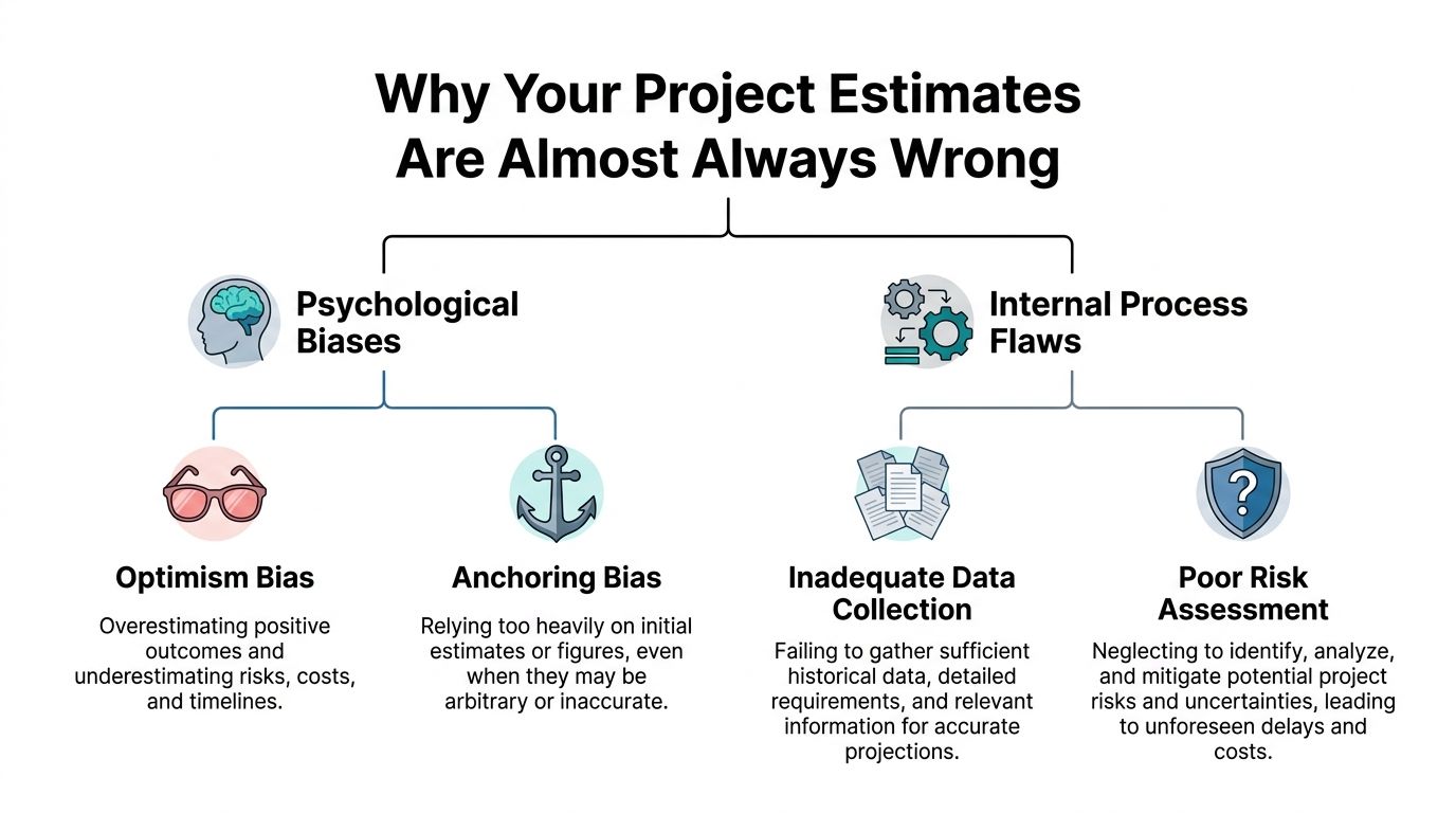 A diagram explaining why project estimates are often incorrect, detailing psychological biases and internal process flaws.