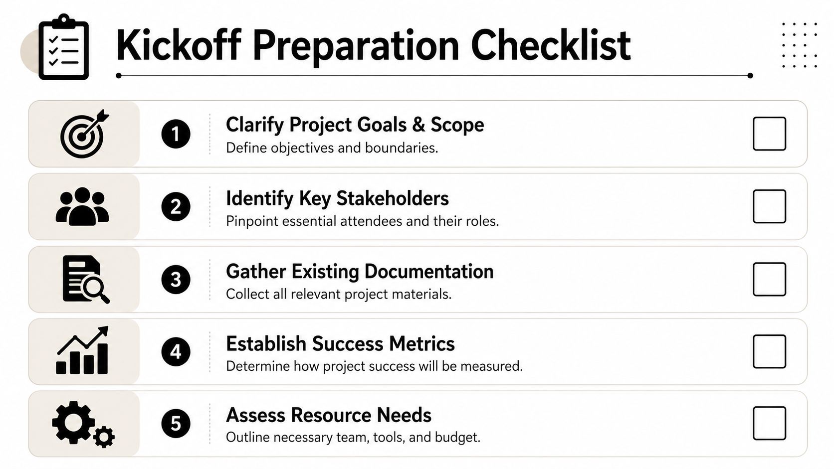 A professional five-step project kickoff preparation checklist infographic detailing planning tasks with corresponding icons.