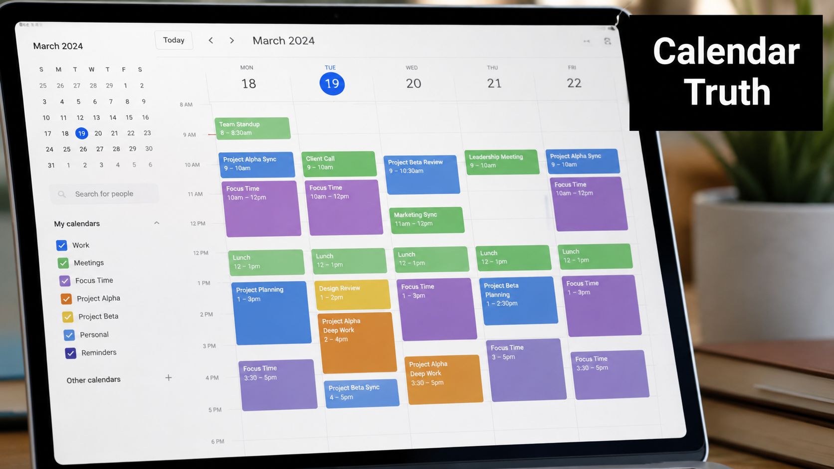 A digital calendar on a laptop screen displaying a weekly work schedule for late March 2024.