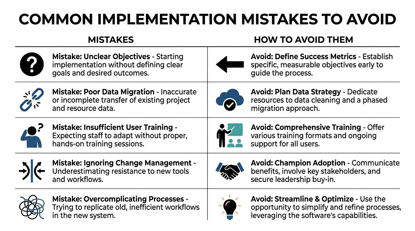 A chart highlighting five common implementation mistakes to avoid and strategies for successful software adoption.