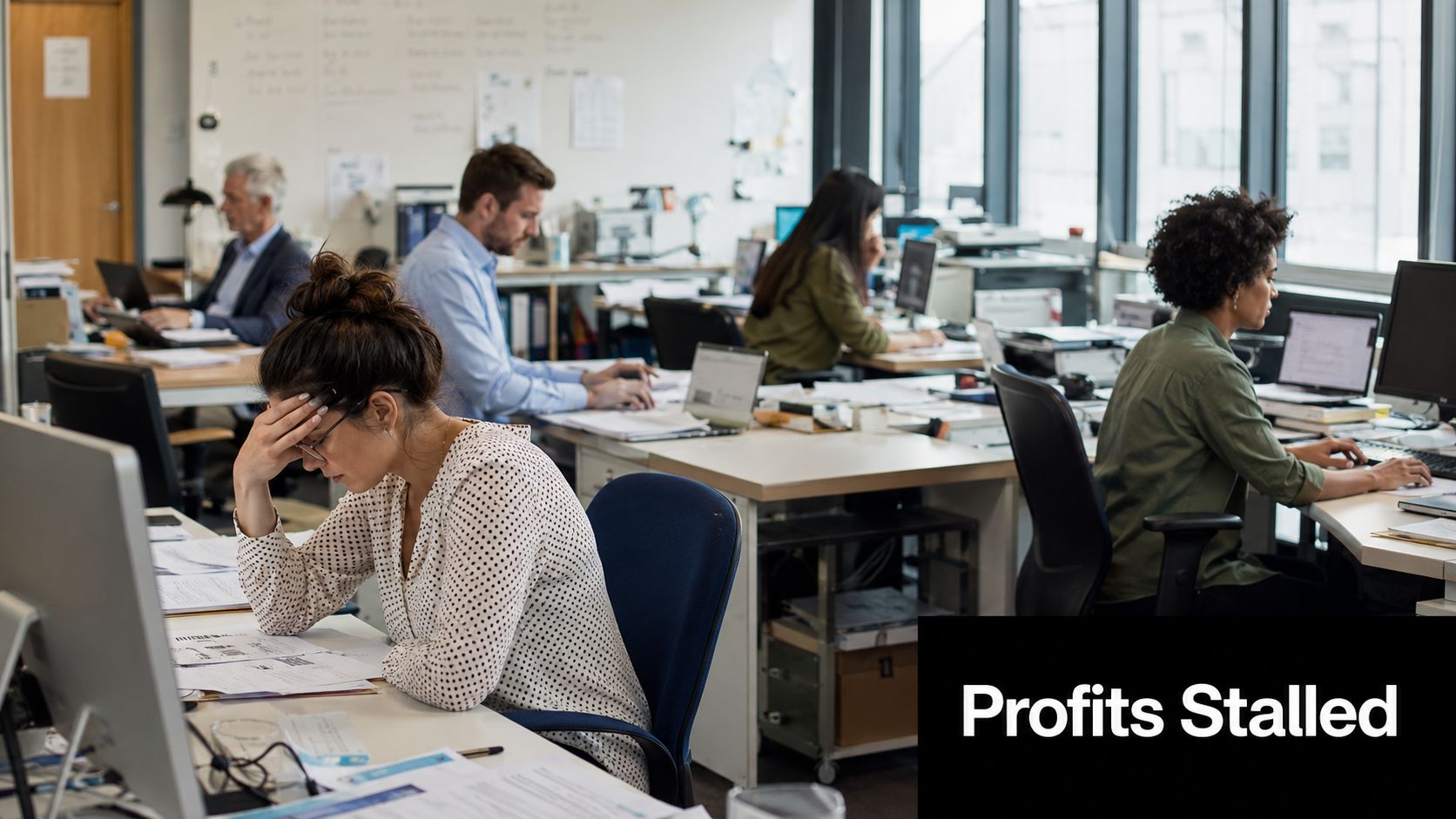A group of diverse professionals working at their desks in a busy, modern office environment.