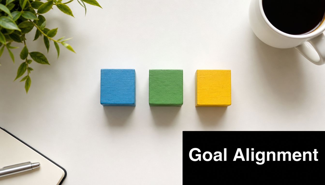 A flat lay of office stationery with three colored wooden cubes arranged near Goal Alignment text.