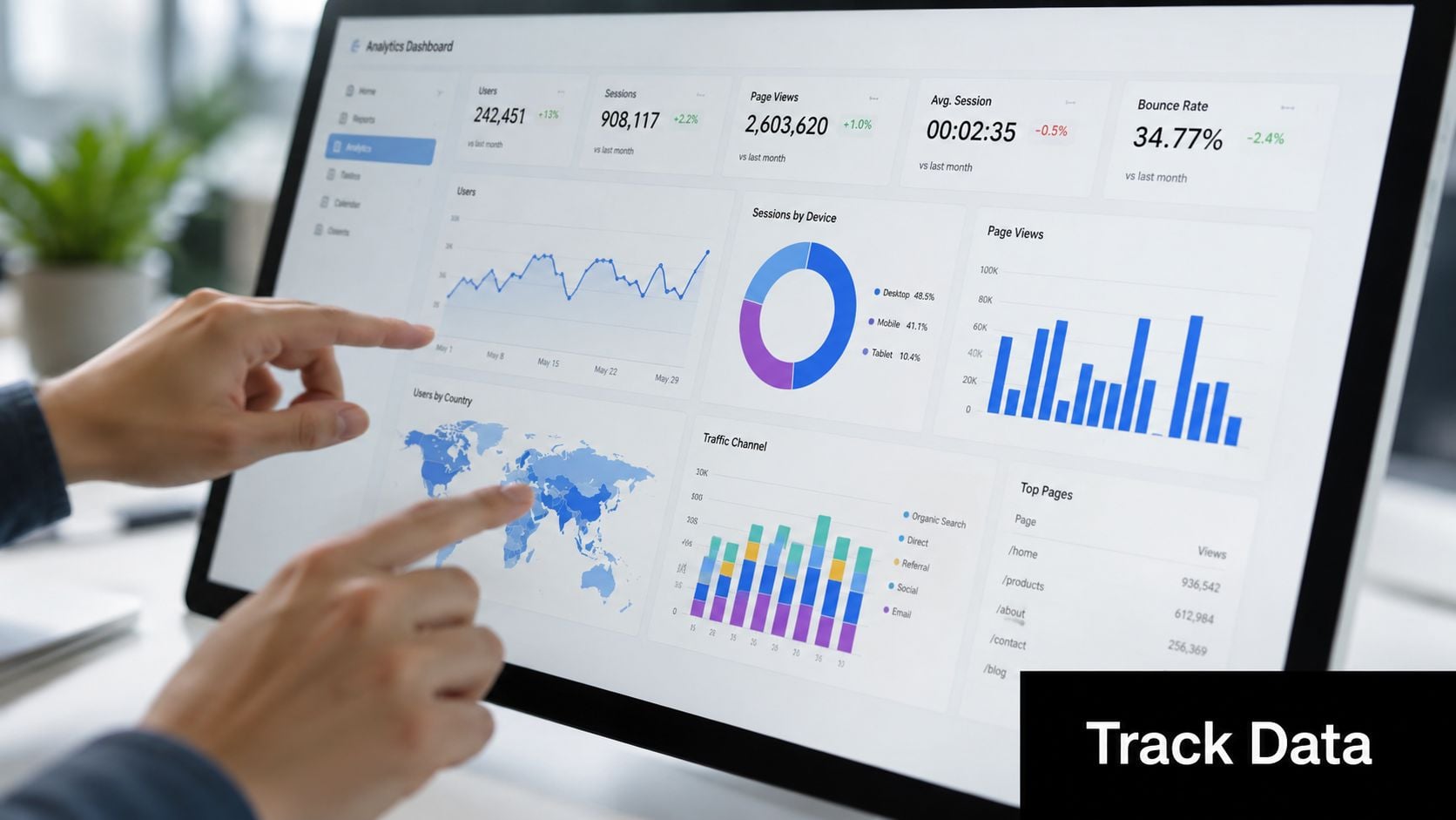 A professional analyzing website analytics data on a dashboard displayed on a large computer screen monitor.